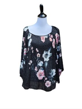 Spense Black Multicolor Floral Print Blouse Polka-Dots Sheer Relaxed Fit